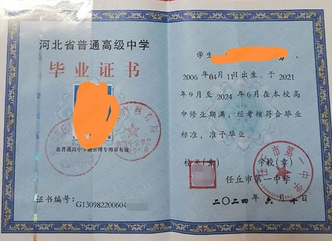 白城任丘市第一中学高中毕业证样本图片